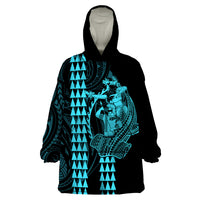 Polynesian Wearable Blanket Hoodie Hawaiian Warrior and Aloha Girl With Hammerhead Shark Tattoos Light Blue LT6 - Wonder Print Shop