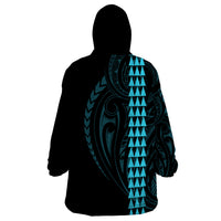Polynesian Wearable Blanket Hoodie Hawaiian Warrior and Aloha Girl With Hammerhead Shark Tattoos Light Blue LT6 - Wonder Print Shop