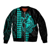 Polynesian Bomber Jacket Hawaiian Warrior and Aloha Girl With Hammerhead Shark Tattoos Turquoise LT6 - Wonder Print Shop