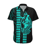 Polynesian Hawaiian Shirt Hawaiian Warrior and Aloha Girl With Hammerhead Shark Tattoos Turquoise LT6 - Wonder Print Shop