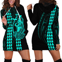 Polynesian Hoodie Dress Hawaiian Warrior and Aloha Girl With Hammerhead Shark Tattoos Turquoise LT6 - Wonder Print Shop