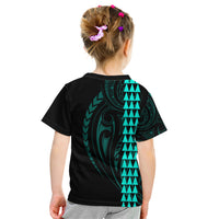 Polynesian Kid T Shirt Hawaiian Warrior and Aloha Girl With Hammerhead Shark Tattoos Turquoise LT6 - Wonder Print Shop