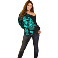 Polynesian Off Shoulder Sweater Hawaiian Warrior and Aloha Girl With Hammerhead Shark Tattoos Turquoise LT6 - Wonder Print Shop