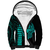 Polynesian Sherpa Hoodie Hawaiian Warrior and Aloha Girl With Hammerhead Shark Tattoos Turquoise LT6 - Wonder Print Shop