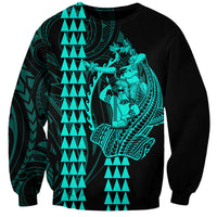 Polynesian Sweatshirt Hawaiian Warrior and Aloha Girl With Hammerhead Shark Tattoos Turquoise LT6 - Wonder Print Shop