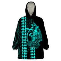 Polynesian Wearable Blanket Hoodie Hawaiian Warrior and Aloha Girl With Hammerhead Shark Tattoos Turquoise LT6 - Wonder Print Shop
