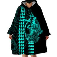 Polynesian Wearable Blanket Hoodie Hawaiian Warrior and Aloha Girl With Hammerhead Shark Tattoos Turquoise LT6 - Wonder Print Shop