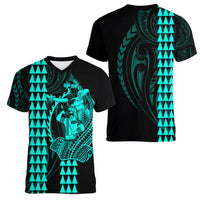 Polynesian Women V Neck T Shirt Hawaiian Warrior and Aloha Girl With Hammerhead Shark Tattoos Turquoise LT6 - Wonder Print Shop
