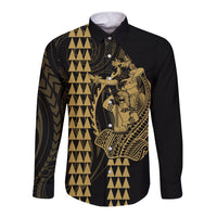 Polynesian Long Sleeve Button Shirt Hawaiian Warrior and Aloha Girl With Hammerhead Shark Tattoos Gold LT6 - Wonder Print Shop