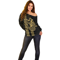 Polynesian Off Shoulder Sweater Hawaiian Warrior and Aloha Girl With Hammerhead Shark Tattoos Gold LT6 - Wonder Print Shop
