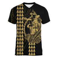 Polynesian Women V Neck T Shirt Hawaiian Warrior and Aloha Girl With Hammerhead Shark Tattoos Gold LT6 - Wonder Print Shop