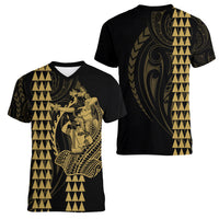 Polynesian Women V Neck T Shirt Hawaiian Warrior and Aloha Girl With Hammerhead Shark Tattoos Gold LT6 - Wonder Print Shop