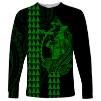 Polynesian Long Sleeve Shirt Hawaiian Warrior and Aloha Girl With Hammerhead Shark Tattoos Green LT6 - Wonder Print Shop