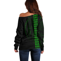 Polynesian Off Shoulder Sweater Hawaiian Warrior and Aloha Girl With Hammerhead Shark Tattoos Green LT6 - Wonder Print Shop