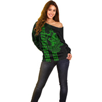 Polynesian Off Shoulder Sweater Hawaiian Warrior and Aloha Girl With Hammerhead Shark Tattoos Green LT6 - Wonder Print Shop