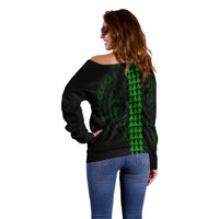 Polynesian Off Shoulder Sweater Hawaiian Warrior and Aloha Girl With Hammerhead Shark Tattoos Green LT6 - Wonder Print Shop