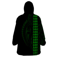 Polynesian Wearable Blanket Hoodie Hawaiian Warrior and Aloha Girl With Hammerhead Shark Tattoos Green LT6 - Wonder Print Shop