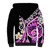 Black sherpa hoodie with hood, pink elephant graphic and yellow-white floral print