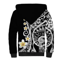 Black unisex sherpa-lined hoodie with large tribal elephant print and plumeria flowers