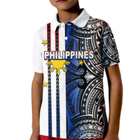 Kids white polo shirt with blue tribal print and Philippines graphic on front