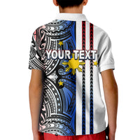 Kids white polo shirt, back with blue tribal design and Your Text graphic