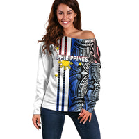Custom Philippines Off Shoulder Sweater Polynesian Tribal White LT6 - Wonder Print Shop