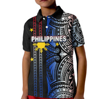 Kids black polo shirt with blue tribal graphic front and buttoned collar