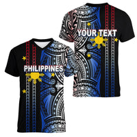 Custom Philippines Women V Neck T Shirt Polynesian Tribal Black LT6 - Wonder Print Shop