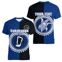 Custom Rakahanga Of Cook Islands Women V Neck T Shirt Mix Half Black LT6 - Wonder Print Shop