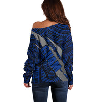 Polynesian Guam Off Shoulder Sweater with Coat Of Arms Claws Style - Blue LT6 - Wonder Print Shop