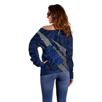 Polynesian Guam Off Shoulder Sweater with Coat Of Arms Claws Style - Blue LT6 - Wonder Print Shop