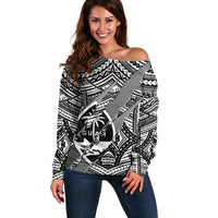 Polynesian Guam Off Shoulder Sweater with Coat Of Arms Claws Style - White LT6 - Wonder Print Shop