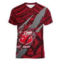 Polynesian Samoa Women V Neck T Shirt with Coat Of Arms Claws Style - Red LT6 - Wonder Print Shop