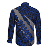 Polynesian Samoa Long Sleeve Button Shirt with Coat Of Arms Claws Style - Blue LT6 - Wonder Print Shop