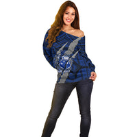 Polynesian Samoa Off Shoulder Sweater with Coat Of Arms Claws Style - Blue LT6 - Wonder Print Shop