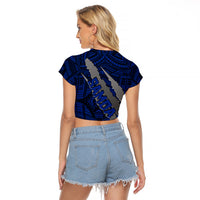 Polynesian Samoa Raglan Cropped T Shirt with Coat Of Arms Claws Style - Blue LT6 - Wonder Print Shop