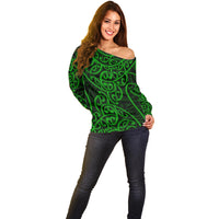 New Zealand Off Shoulder Sweater Maori Pattern Green LT6 - Wonder Print Shop
