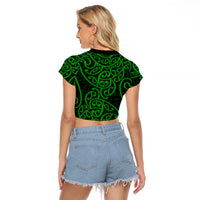 New Zealand Raglan Cropped T Shirt Maori Pattern Green LT6 - Wonder Print Shop