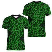 New Zealand Women V Neck T Shirt Maori Pattern Green LT6 - Wonder Print Shop