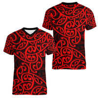 New Zealand Women V Neck T Shirt Maori Pattern Red LT6 - Wonder Print Shop