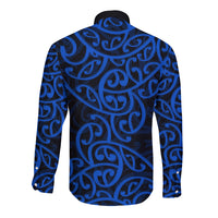 New Zealand Long Sleeve Button Shirt Maori Pattern Blue LT6 - Wonder Print Shop