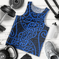 Men's blue tank top with black Maori tribal swirl pattern, crew neck