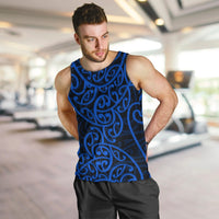 Men's blue tank top with black Maori tribal swirl pattern, sleeveless crew neck
