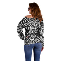 New Zealand Off Shoulder Sweater Maori Pattern White LT6 - Wonder Print Shop