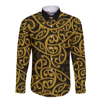 New Zealand Long Sleeve Button Shirt Maori Pattern Gold LT6 - Wonder Print Shop