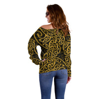 New Zealand Off Shoulder Sweater Maori Pattern Gold LT6 - Wonder Print Shop