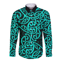 New Zealand Long Sleeve Button Shirt Maori Pattern Turquoise LT6 - Wonder Print Shop