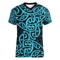 New Zealand Women V Neck T Shirt Maori Pattern Light Blue LT6 - Wonder Print Shop