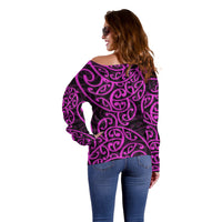 New Zealand Off Shoulder Sweater Maori Pattern Purple LT6 - Wonder Print Shop
