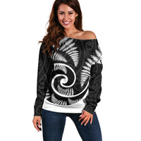 New Zealand Off Shoulder Sweater Maori With Silver Fern White LT6 - Wonder Print Shop